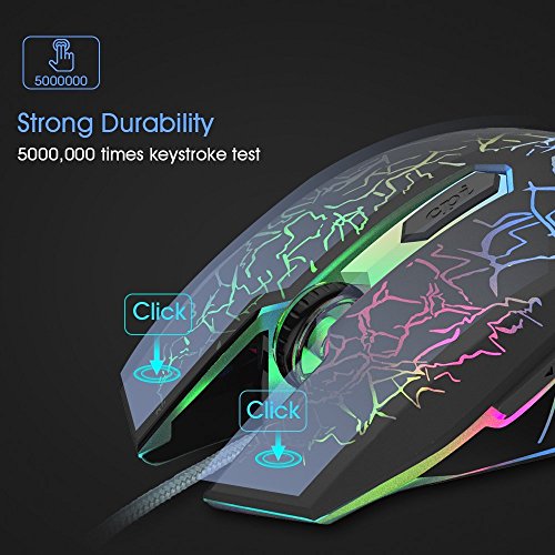 VersionTECH. Ratón Gaming con Cable hasta 2400 DPI Ratón Ergonómico Óptico para Juegos con 7 Colores Luz LED 6 Botón Gaming Mouse Wired para PC/Ordenadores Portátil/Mac(Negro)