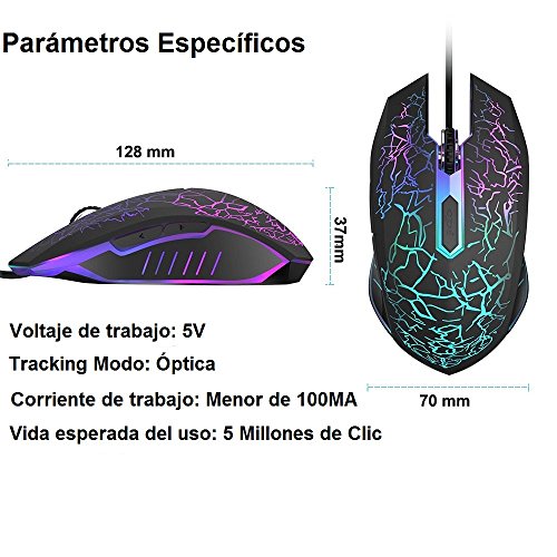 VersionTECH. Ratón Gaming con Cable hasta 2400 DPI Ratón Ergonómico Óptico para Juegos con 7 Colores Luz LED 6 Botón Gaming Mouse Wired para PC/Ordenadores Portátil/Mac(Negro)