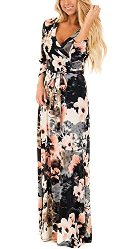 Vestidos Estampados Flores Mujer de Verano Cuello en V Manga 3/4 Cintura Alta con Cinturón Vintage Bohemio Hippie Chic Caftan Tunica Falda Wrap Vestido Imperio Largo para Playa Noche Ceremonia Fiesta