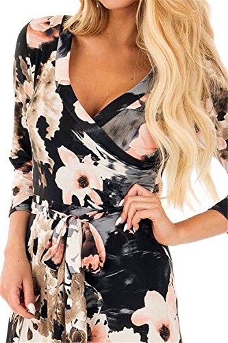 Vestidos Estampados Flores Mujer de Verano Cuello en V Manga 3/4 Cintura Alta con Cinturón Vintage Bohemio Hippie Chic Caftan Tunica Falda Wrap Vestido Imperio Largo para Playa Noche Ceremonia Fiesta