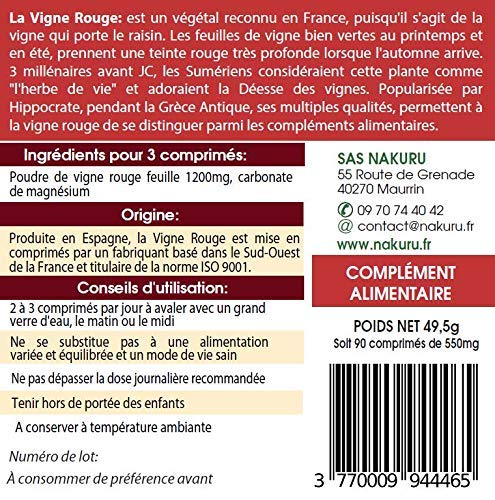 Vid Roja | 90 comprimidos de 550 mg | NAKURU Power | Polvo orgánico secado y comprimido en frío | Analizado y acondicionado en Francia | La Planta de Piernas Ligeras!