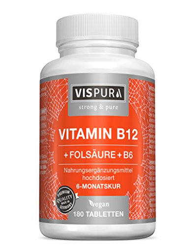 VISPURA® Vitamina B12 Altamente Concentrada con Fórmula Vital + Vitamina B6 Metilcobalamina, 180 Comprimidos Vegana, Organica Pura Suplemento Alimenticio sin Aditivos Innecesarios, Calidad Alemana