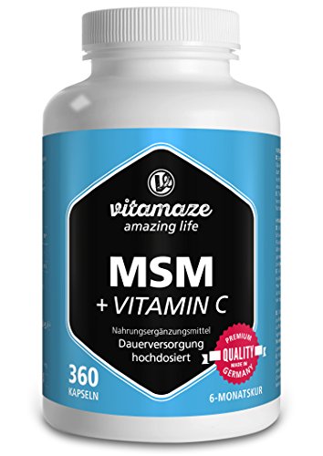 Vitamaze® MSM Capsulas con Vitamina C, 360 Capsulas durante 6 Meses, 1334 mg de Dosis Diaria de Micronizado Azufre Polvo Organico, 99,9% de Metilsulfonilmetano Puro, Suplemento de calidad de Alemania