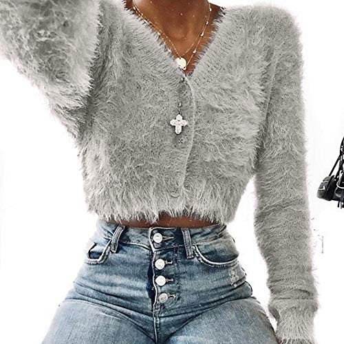 VJGOAL Mujer Otoño e Invierno Moda Casual Color sólido Cuello en v Manga Larga Cardigans Peludos con botón Sexy suéter Corto Recortar Tops Populares(Medium,Gris)