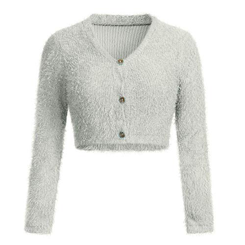 VJGOAL Mujer Otoño e Invierno Moda Casual Color sólido Cuello en v Manga Larga Cardigans Peludos con botón Sexy suéter Corto Recortar Tops Populares(Medium,Gris)