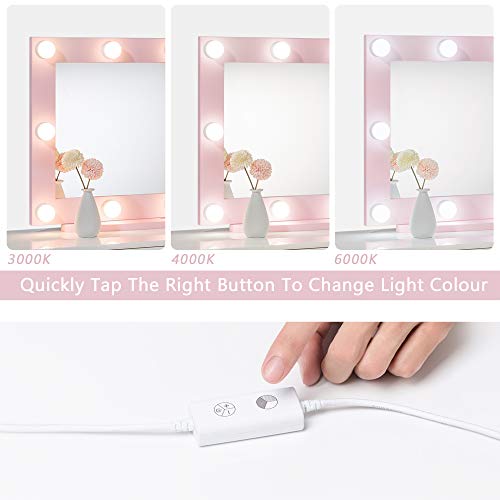 Waneway Espejo con Luces Estilo Hollywood, Espejo Grande Iluminado Maquillaje Vestidor y Dormitorio, Espejo Cosmético con Luces para Tocador, Múltiples Modos de Color, Montaje en Mesa o Pared, Rosa