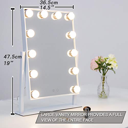 Waneway Espejo Maquillaje Iluminado con 12 X 3W Bombillas LED Ajustable Y Diseño De Control Táctil, Espejo de Tocador Mesa con Luz LED Estilo Hollywood, Espejo Cosmético con Luces, Blanco