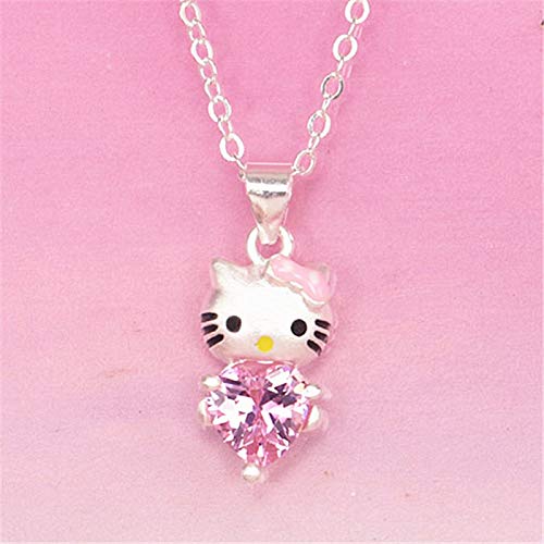 WEIKAI Collar para Mujer Rosa Amor En Forma De Corazón Diamante KT Gato Colgante Hello Kitty Gato Collar Dulce Y Lindo Gato Cadena De Clavícula