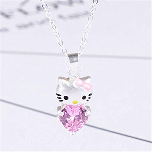 WEIKAI Collar para Mujer Rosa Amor En Forma De Corazón Diamante KT Gato Colgante Hello Kitty Gato Collar Dulce Y Lindo Gato Cadena De Clavícula