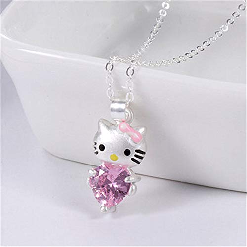 WEIKAI Collar para Mujer Rosa Amor En Forma De Corazón Diamante KT Gato Colgante Hello Kitty Gato Collar Dulce Y Lindo Gato Cadena De Clavícula