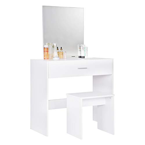 WOLTU Tocador de Maquillaje Tocador Mesa de Maquillaje Tocador con 1 Espejo y 1 Taburete Cajones MDF y Madera de Pino Macizo Blanco MB6043ws