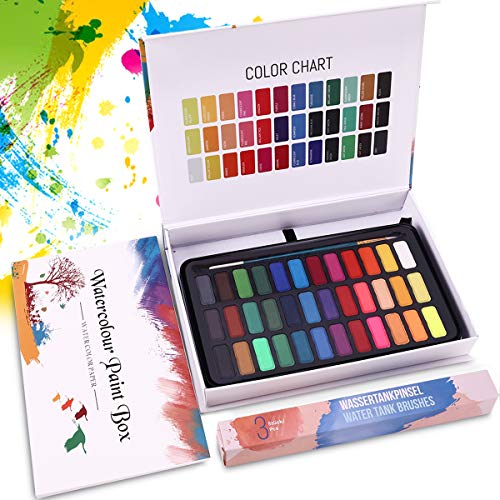 WOSTOO Set de Pinturas de Acuarela-50 Pzas Pintura de Acuarela Portatiles Set de Pinturas de Acuarela Sólida-36 Colores,2 Cepillos de Depósito de Agua, 2 Pincel de Nylon y 10 Papel