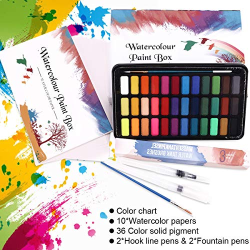 WOSTOO Set de Pinturas de Acuarela-50 Pzas Pintura de Acuarela Portatiles Set de Pinturas de Acuarela Sólida-36 Colores,2 Cepillos de Depósito de Agua, 2 Pincel de Nylon y 10 Papel