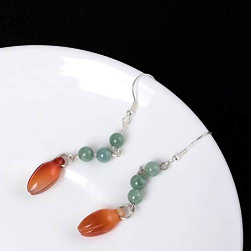 WOZUIMEI Pendientes de Oreja Aretes para Mujer S925 Plata Hecha a Mano Diy Pendientes de Jade Naturales Creativos Retro Estética Literaria Flor de Magnolia Pendientes de Gancho de Oreja LargaComo se