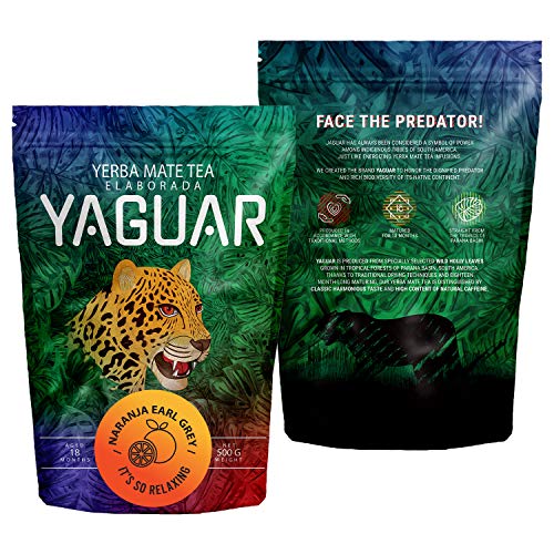 Yaguar Naranja Earl Grey - Yerba Mate de Brasil - 500 g - Yerba Mate Con Piel De Naranja Y Aceite De Bergamota - Con Cafeína Natural - Vitaminas, Minerales, Antioxidantes - Sabor Fresco