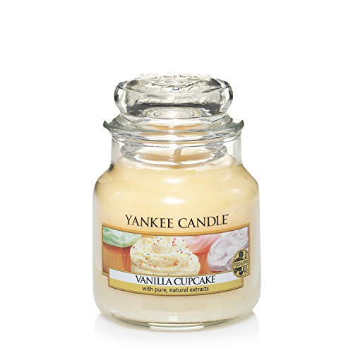 Yankee Candle Vela pequeña aromática en Tarro a Vainilla Cupcake, Cristal, Amarillo, Frasco