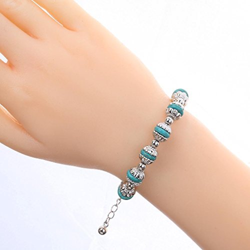 YAZILIND Vendimia Rimous Turquesa con Cuentas Pulsera de Cadena de Plata tibetana del Brazalete