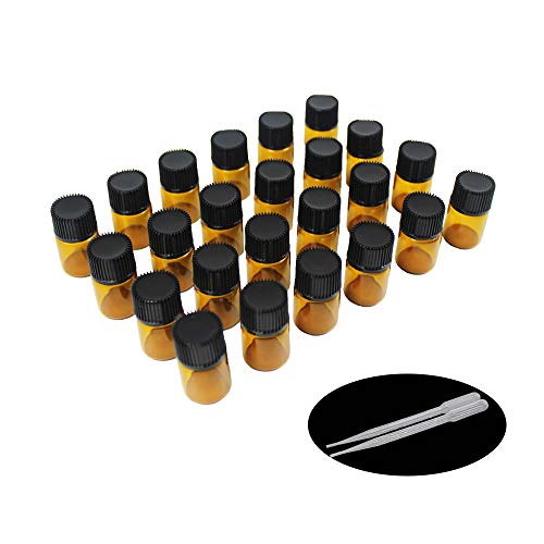 Yizhao Ambar Botellas de Aceite esencial de Vidrio Vacías 2ml,con Reductor de Orificio y Tapa,Para Aceites Esenciales, E-Líquidos,Aromaterapia,Perfumes,Masajes,Laboratorio de Química – 24 Pcs