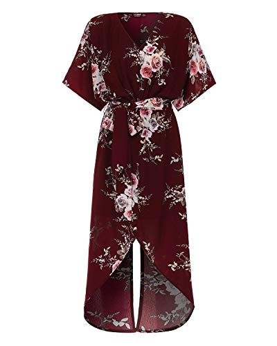 Yoins - Vestido de verano largo - Elegante vestido de mujer con escote en V, plisado, mangas cortas - Estilo retro - Fantasía floral -Ideal para una ocasión informal o un cóctel Vino Rosso S