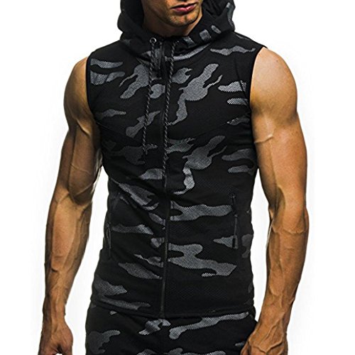 Yvelands Camiseta sin Mangas con Estampado de Camuflaje Hombre Casual con Capucha de Moda con Capucha y Cremallera Chaleco Ajustado Camisas Deportivas Blusa Superior ¡Oferta de Verano! (Negro, M)