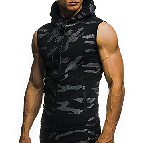 Yvelands Camiseta sin Mangas con Estampado de Camuflaje Hombre Casual con Capucha de Moda con Capucha y Cremallera Chaleco Ajustado Camisas Deportivas Blusa Superior ¡Oferta de Verano! (Negro, M)