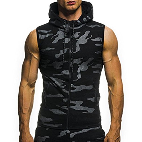 Yvelands Camiseta sin Mangas con Estampado de Camuflaje Hombre Casual con Capucha de Moda con Capucha y Cremallera Chaleco Ajustado Camisas Deportivas Blusa Superior ¡Oferta de Verano! (Negro, M)