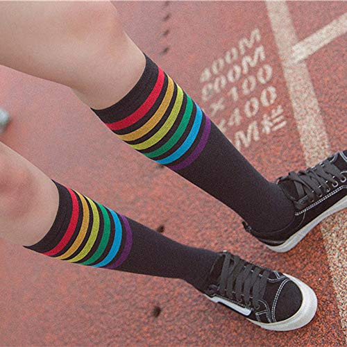 YWLINK 1 Par De Muslo Calcetines Altos Sobre La Rodilla Rainbow Stripe Girls Football Calcetines Negro Blanco Calcetines De Pila De Arco Iris Antideslizante La Moda CóModo