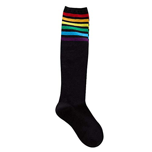 YWLINK 1 Par De Muslo Calcetines Altos Sobre La Rodilla Rainbow Stripe Girls Football Calcetines Negro Blanco Calcetines De Pila De Arco Iris Antideslizante La Moda CóModo