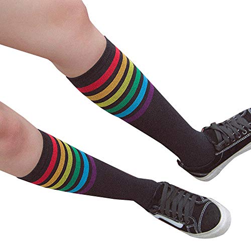 YWLINK 1 Par De Muslo Calcetines Altos Sobre La Rodilla Rainbow Stripe Girls Football Calcetines Negro Blanco Calcetines De Pila De Arco Iris Antideslizante La Moda CóModo