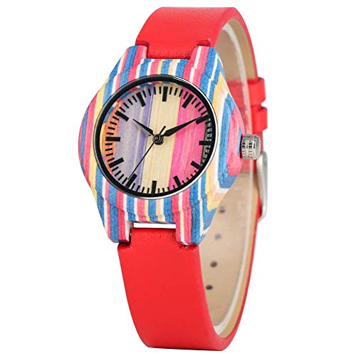 Yxxc Reloj con Correa de Hebilla roja con Esfera Colorida y Concisa para Dama, Relojes de Madera de bambú súper livianos para Mujeres, Reloj de Pulsera de Madera de Cuarzo Informal para