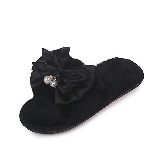 Zapatillas Para Mujer Algodón Slippers,Otoño Invierno Cálido Vintage Simples Pequeñas Perfumada Arco Negro Rhinestone Cómoda Apertura Interior De Felpa Antideslizante Inferior Grueso Silencio Inferior