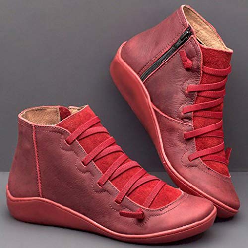 ZODOF 2019 Mujer Botines Venta De Cuero De Imitación, A Prueba De Agua Para El Otoño Y El Invierno, Zapatos De Cordones De La Vendimia, Pisos De Las Mujeres Cómodas(rojo,35.5 EU)