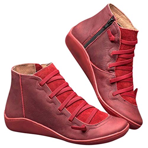 ZODOF 2019 Mujer Botines Venta De Cuero De Imitación, A Prueba De Agua Para El Otoño Y El Invierno, Zapatos De Cordones De La Vendimia, Pisos De Las Mujeres Cómodas(rojo,35.5 EU)