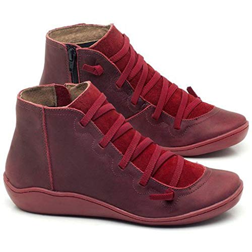 ZODOF 2019 Mujer Botines Venta De Cuero De Imitación, A Prueba De Agua Para El Otoño Y El Invierno, Zapatos De Cordones De La Vendimia, Pisos De Las Mujeres Cómodas(rojo,35.5 EU)