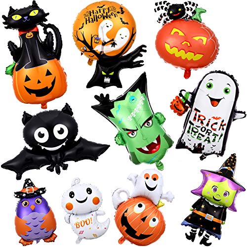 10 Piezas Globos de Halloween Globos de Papel de Aluminio de Mylar de Halloween Globo de Calabaza Bruja Esqueleto Fantasma Murciélago para Decoraciones de Fiesta de Halloween