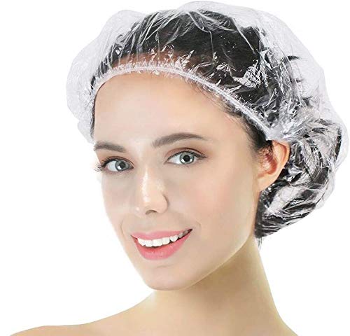 【100 Piezas】Gorros de ducha Desechable, SlickMart Gorro de Baño Elástico,Impermeables Gorros de Ducha de Plastico Transparente para Uso en el Hogar Viajes, Hotel, Spa y Peluquería