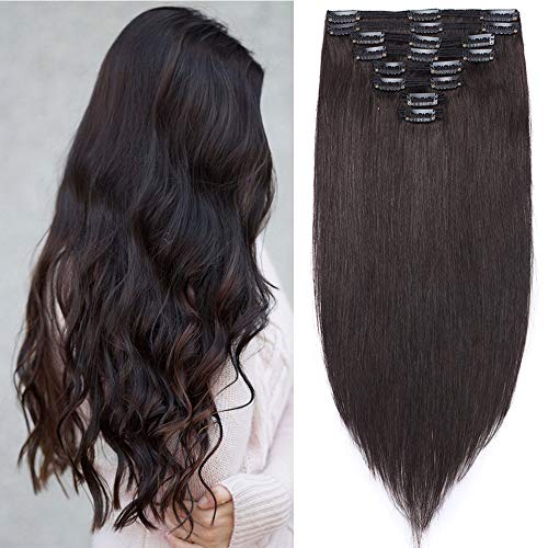 14"(35cm) Extensiones de Cabello Natural Clip Double Weft(Muy Gruesas) #1B Negro Natural Pelo Natural Humano 100% Remy 8 Piezas 18 Clips Liso Corto Postizos Pelucas (120g)