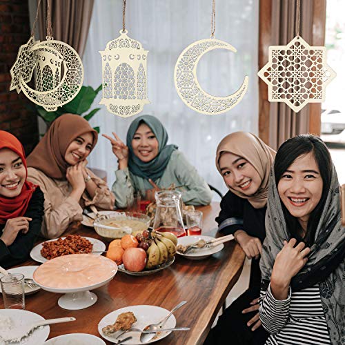 2 Sets 6 Piezas Adorno Colgante de Madera Ramadán Kareem Decoración Luna Estrella Viento Forma de Luz Colgante Adorno para Ramadán Mubarak Eid Decoraciones