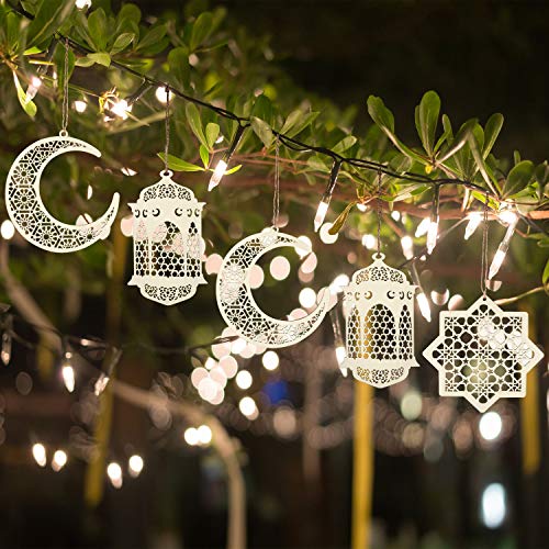 2 Sets 6 Piezas Adorno Colgante de Madera Ramadán Kareem Decoración Luna Estrella Viento Forma de Luz Colgante Adorno para Ramadán Mubarak Eid Decoraciones