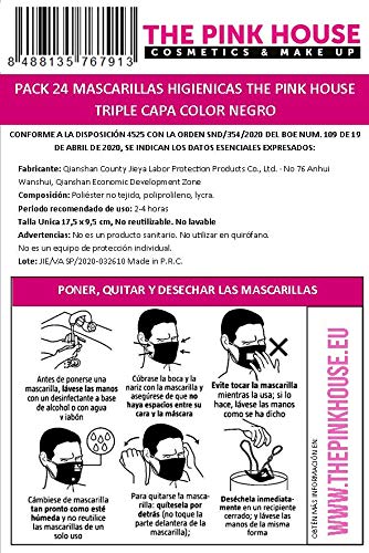 24 Mascarillas Higiénicas NEGRAS The Pink House + 1 Gel de Manos Higienizante HidroAlcoholico de Babaria 300 ml para llevar. Máscaras no quirúrgicas, Desechable de 3 capas de protección