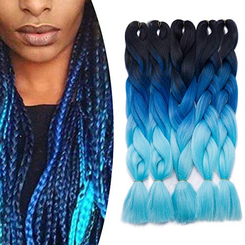 24"(60cm) 5 Piezas Extensiones de Pelo Sintético para Hacer Trenzas Africanas - Cabello No Destiñe y Se Ve Natural - (500g,Negro/Azul Oscuro/Azul Claro)