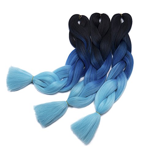 24"(60cm) 5 Piezas Extensiones de Pelo Sintético para Hacer Trenzas Africanas - Cabello No Destiñe y Se Ve Natural - (500g,Negro/Azul Oscuro/Azul Claro)