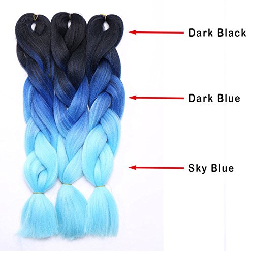 3 pcs/300g 60CM dos Ombre trenzado fibra Crochet Cabello Extensiones de pelo sintético trenzado Braids Extensiones de clip de pelo Natural Negro oscuro a azul oscuro a azul cielo