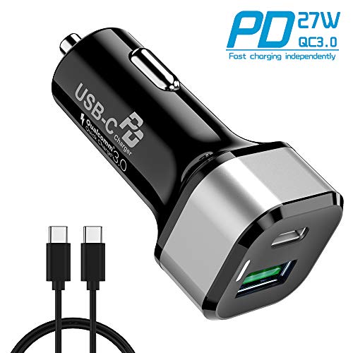 45W Cargador de Coche Carga Rapida, Avolare Quick Charge 3.0(Puerto USB A 18W)+PD 3.0(Puerto USB C 27W) Cargador Movil Coche para Samsung, iPhone, iPad, Google, LG, HTC con Cable Tipo C 0,8M Negro