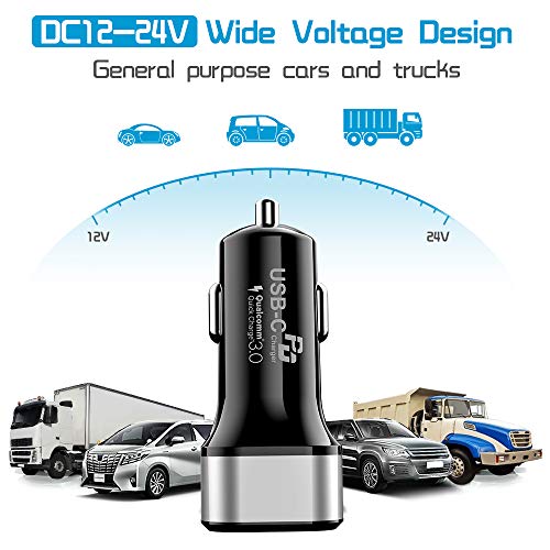 45W Cargador de Coche Carga Rapida, Avolare Quick Charge 3.0(Puerto USB A 18W)+PD 3.0(Puerto USB C 27W) Cargador Movil Coche para Samsung, iPhone, iPad, Google, LG, HTC con Cable Tipo C 0,8M Negro