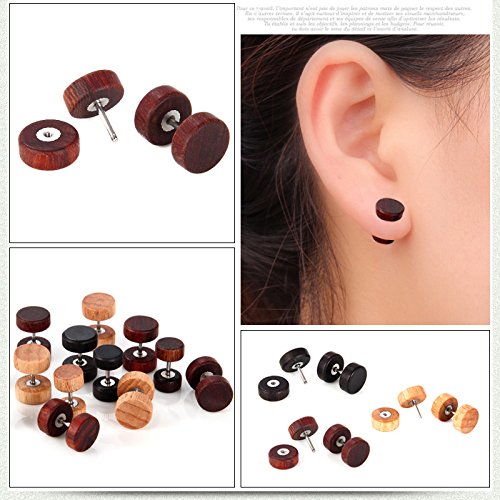 6 Pares 1.2 mm Sono Wood Stud Earrings Set 8mm Fake Mens Womens Stud Pendientes Fake Tunnel Plug Cheater Ilusión Árbol de la Vida Túnel Barbell Madera de Haya Ébano Juego