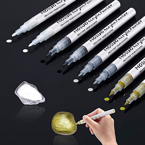 8 Pack Rotuladores De Pintura Acrílica, MOSUO Rotuladores Metálicos de Permanente para Pintura de Roca, Cerámica, Vidrio, Guijarros, Tela, Lienzo, Madera - 2 Negros 2 Blancos 2 Dorados 2 Plateados