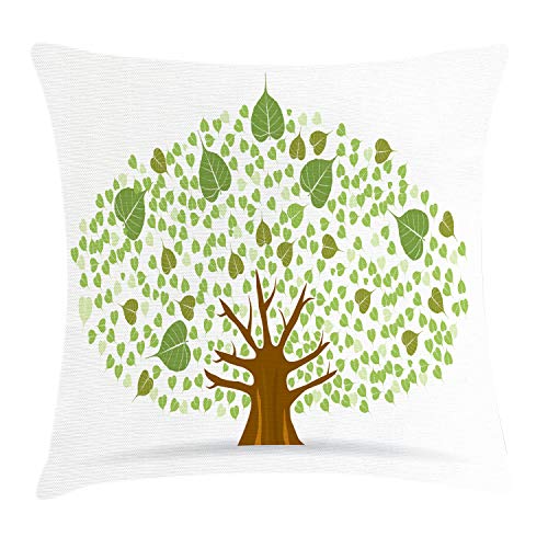 ABAKUHAUS Árbol Funda para Almohada, Sagrados Hojas De Higuera Bodhi, Lavable con Cremallera Escondida Estampa Digital, 50 x 50 cm, Brown Verde Y Negro