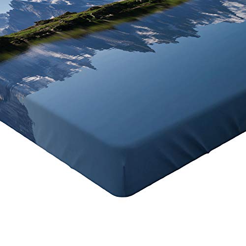 ABAKUHAUS Lago Sábana Elastizada, Mont Blanc Alpes Francia, Suave Tela Decorativa Estampada Elástico en el Borde, 135 x 190 cm, Azul pálido Verde Blanco