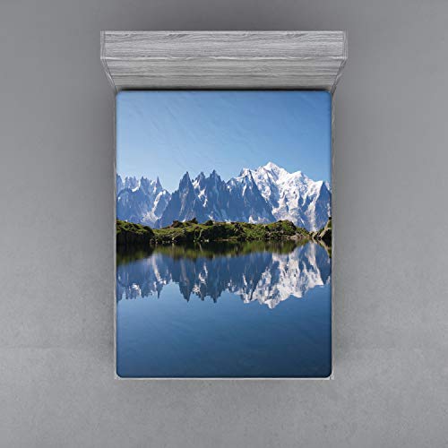 ABAKUHAUS Lago Sábana Elastizada, Mont Blanc Alpes Francia, Suave Tela Decorativa Estampada Elástico en el Borde, 150 x 190 cm, Azul pálido Verde Blanco